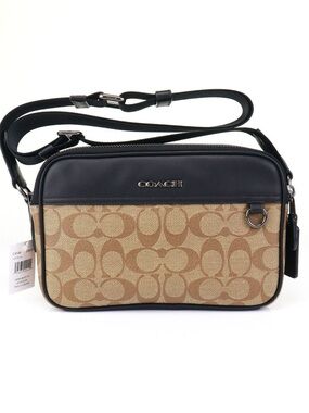 Coach Brown Signature Canvas Messenger Bag with Black Trim